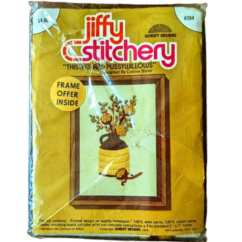 VTG Jiffy Stitchery “Thistle & Pussywillows” Needlepoint 70s NEW Floral Jug #284